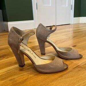 Suede Anne Klein Nude/Taupe Mary Jane Peep Toe Heels with soft metallic sheen